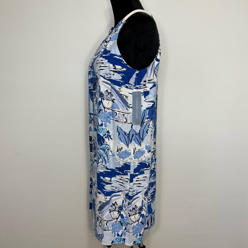 London Times Linen Blend Halter Sleeveless Seaside Print Shift A-Line Dress 8-10 - Picture 3 of 12